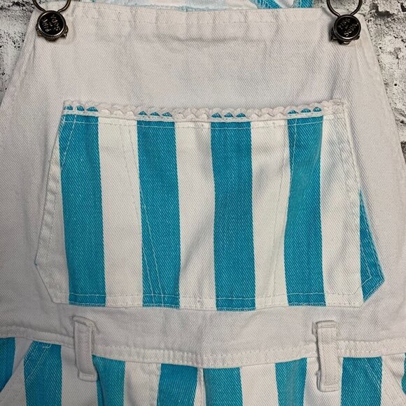 Vintage 90s Pink Soda Striped White Denim Bib Overalls Shortalls - Picture 3 of 9
